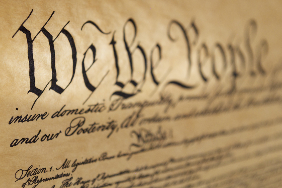 Preamble of the United States Constitution at an angle with a shallow depth of field