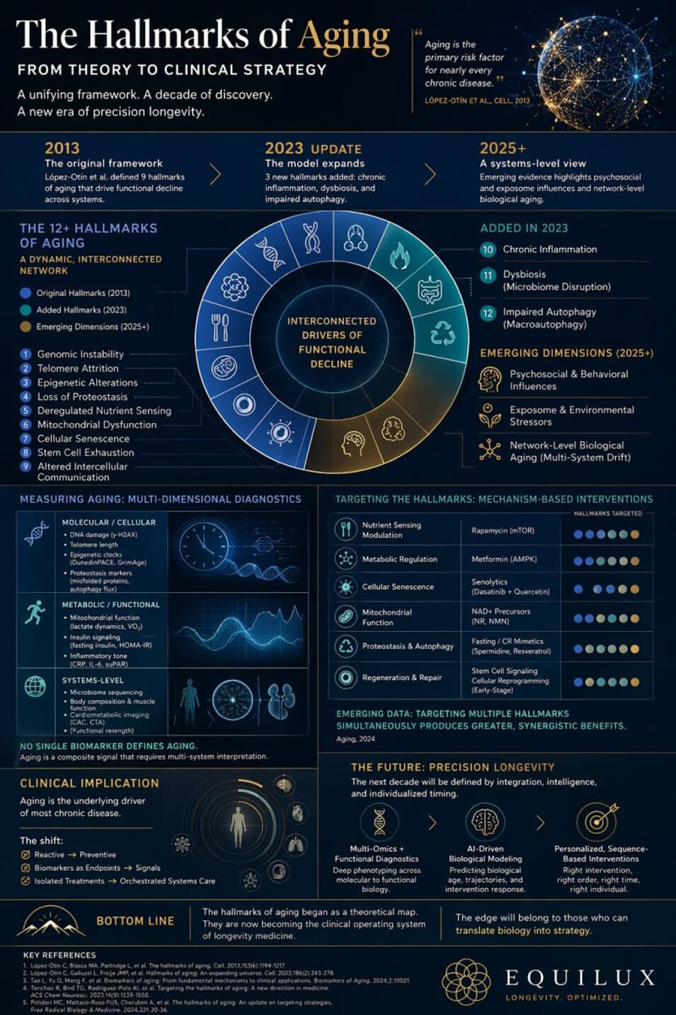 Biohacking for longevity; Infographic titled “The Hallmarks of Aging: From Theory to Clinical Strategy,” showing the evolution of aging research from 2013 to 2025+, including 12+ biological hallmarks of aging, diagnostic approaches, intervention strategies, and future directions in precision longevity medicine.